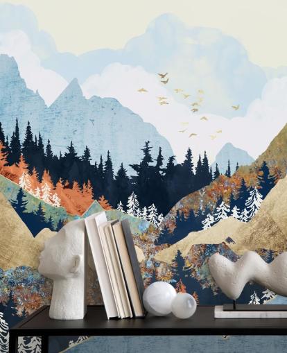 carta da parati astratta montagne, alberi e uccelli carta da parati astratta montagne, alberi e uccelli