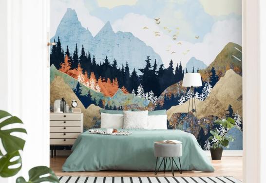 mountains, trees and birds abstract wallpaper
