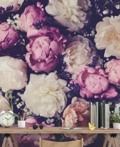 papier peint pivoines blanches, roses et violettes papier peint pivoines blanches, roses et violettes
