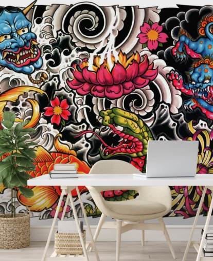 mural de papel pintado de graffiti de estilo japonés personalizable llamado Tattoo para hogares y negocios mural de papel pintado de graffiti de estilo japonés personalizable llamado Tattoo para hogares y negocios