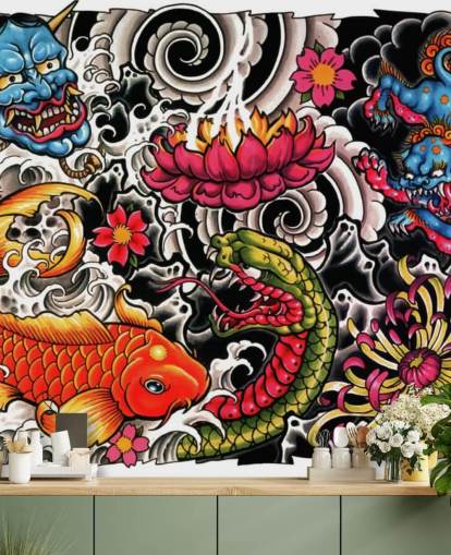 mural de papel de parede de grafite de estilo japonês personalizável chamado Tattoo para residências e empresas mural de papel de parede de grafite de estilo japonês personalizável chamado Tattoo para residências e empresas