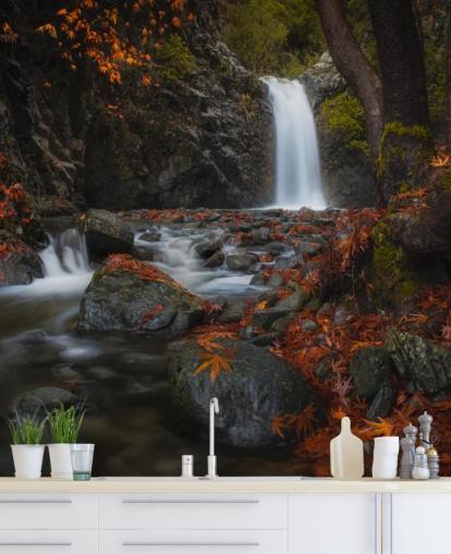 kleine waterval in herfstbosbehang kleine waterval in herfstbosbehang