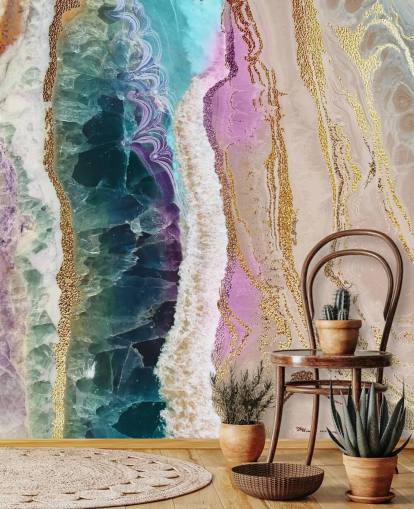 purple, pink and gold customisable geode wallpaper mural called Rock Pool Beach by Lara Skinner for lounges purple, pink and gold customisable geode wallpaper mural called Rock Pool Beach by Lara Skinner for lounges