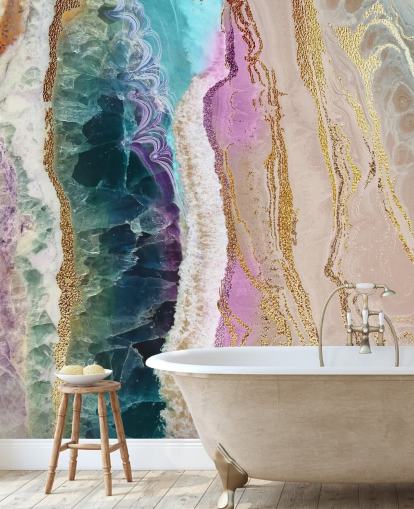 purple, pink and gold customisable geode wallpaper mural called Rock Pool Beach by Lara Skinner for lounges purple, pink and gold customisable geode wallpaper mural called Rock Pool Beach by Lara Skinner for lounges