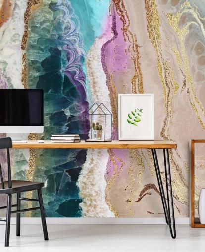 mural de papel pintado de geodas personalizable en morado, rosa y dorado llamado Rock Pool Beach de Lara Skinner para salones mural de papel pintado de geodas personalizable en morado, rosa y dorado llamado Rock Pool Beach de Lara Skinner para salones