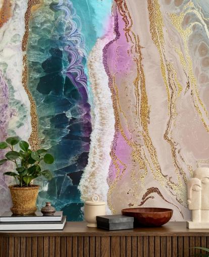 mural de papel de parede de geodo personalizável roxo, rosa e dourado chamado Rock Pool Beach de Lara Skinner para lounges mural de papel de parede de geodo personalizável roxo, rosa e dourado chamado Rock Pool Beach de Lara Skinner para lounges