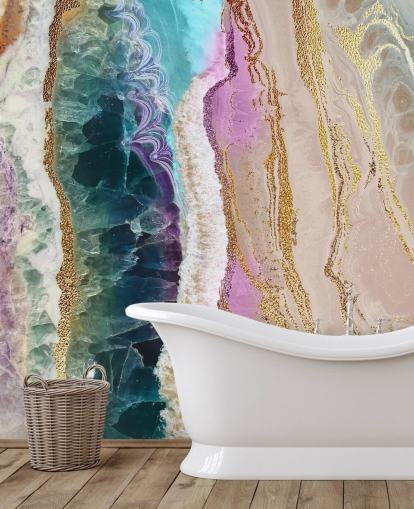 purple, pink and gold customisable geode wallpaper mural called Rock Pool Beach by Lara Skinner for lounges purple, pink and gold customisable geode wallpaper mural called Rock Pool Beach by Lara Skinner for lounges
