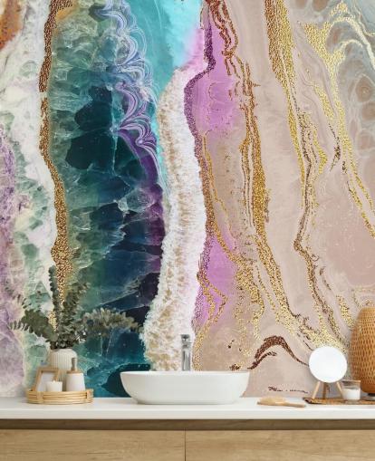 purple, pink and gold customisable geode wallpaper mural called Rock Pool Beach by Lara Skinner for lounges purple, pink and gold customisable geode wallpaper mural called Rock Pool Beach by Lara Skinner for lounges