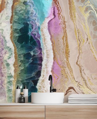 purple, pink and gold customisable geode wallpaper mural called Rock Pool Beach by Lara Skinner for lounges purple, pink and gold customisable geode wallpaper mural called Rock Pool Beach by Lara Skinner for lounges