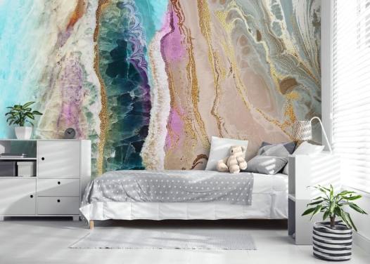 purple, pink and gold customisable geode wallpaper mural called Rock Pool Beach by Lara Skinner for lounges