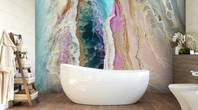 lilla, lyserød og guld tilpasselig geode tapetmaleri kaldet Rock Pool Beach af Lara Skinner til lounger