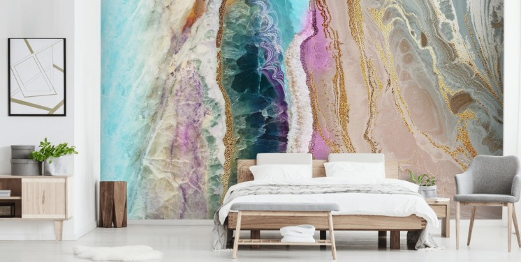lilla, rosa og gull tilpassbart geodetapetveggmaleri kalt Rock Pool Beach av Lara Skinner for salonger