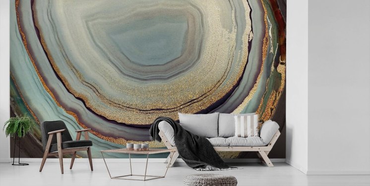 gold and grey geode wall mural called Gold Dust Grey Marble by Lara Skinner for living rooms, bedrooms and kitchens