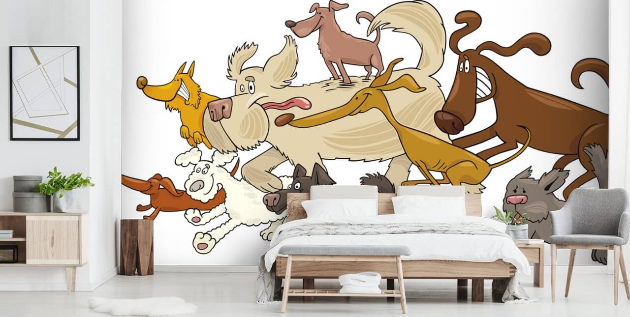 cães de desenho animado de todas as raças correndo papel de