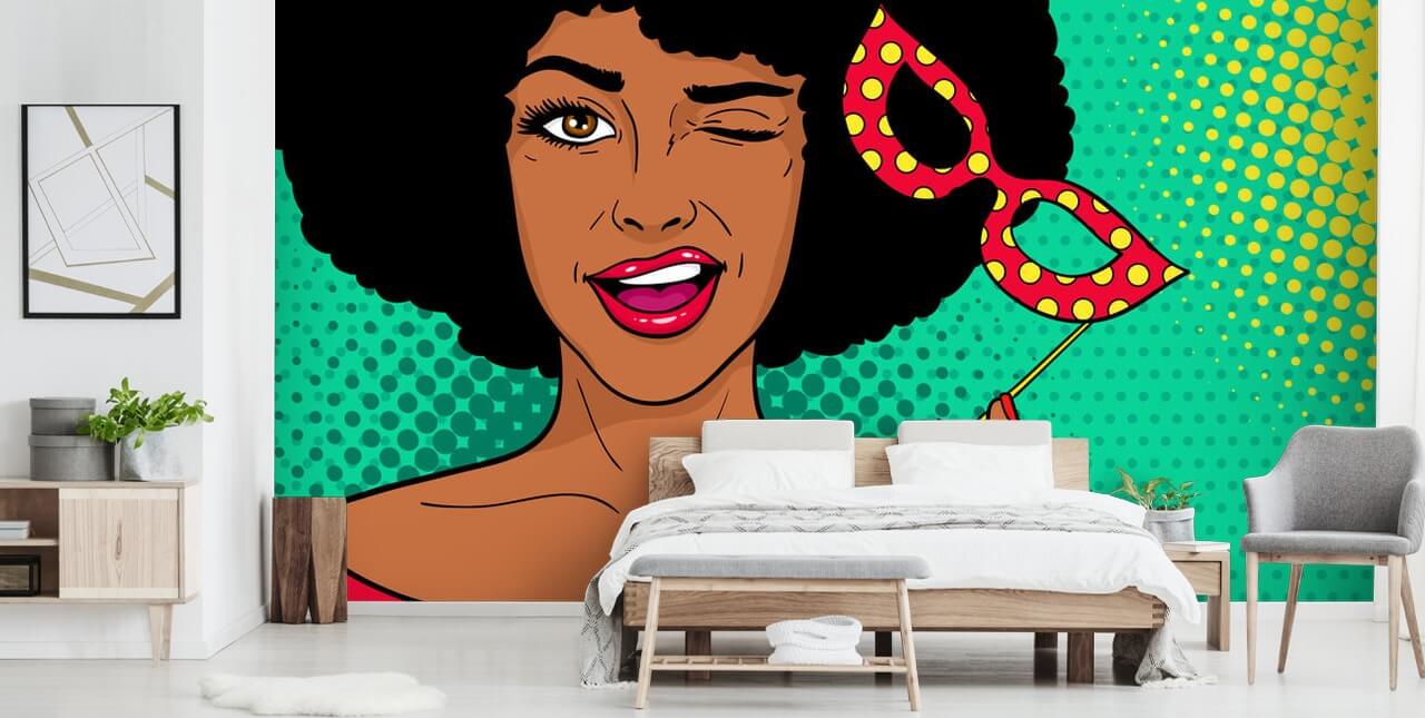 dame med afro som holder en maskerademaske tapet i popkunststil