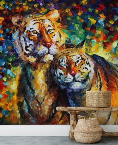 two painted tigers cuddling wallpaper two painted tigers cuddling wallpaper