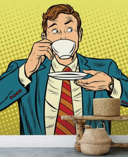 pop-art mies puvussa juo valkoisen teekupin taustakuvasta pop-art mies puvussa juo valkoisen teekupin taustakuvasta