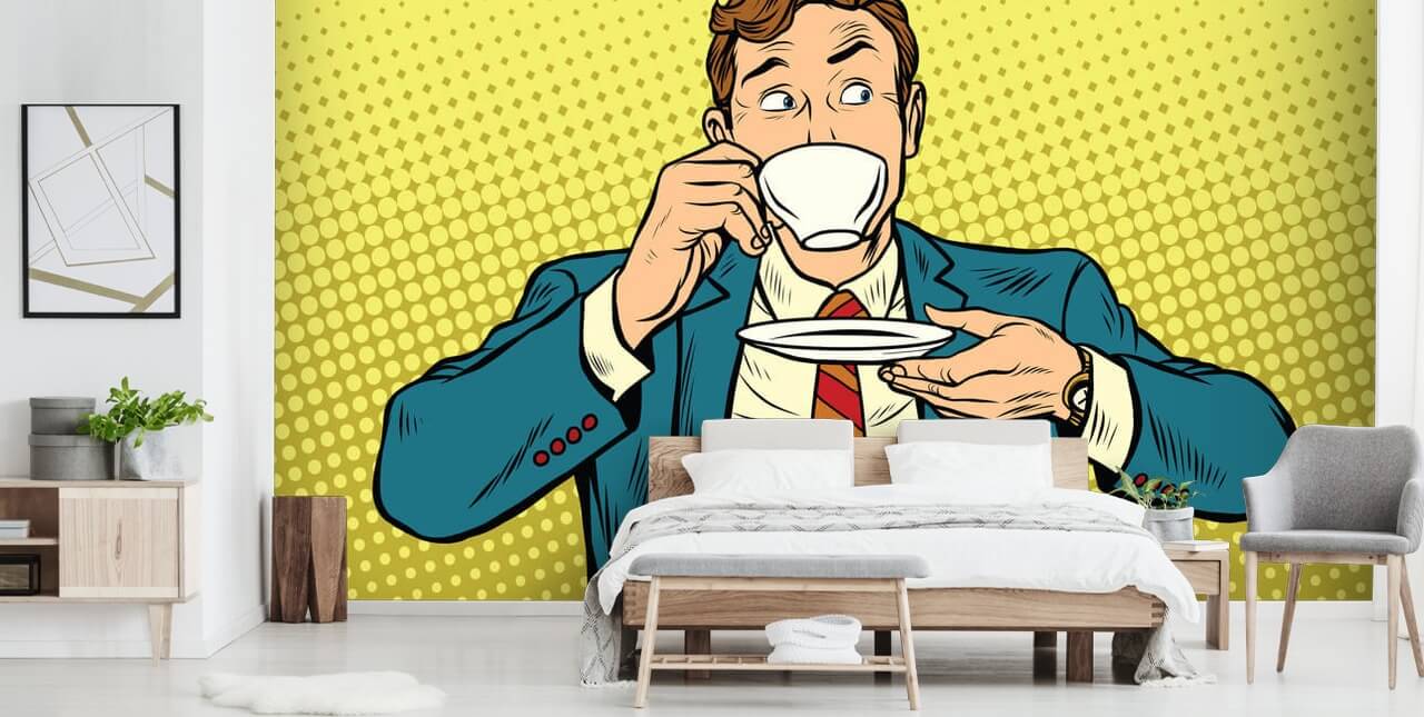 pop art man in suit drinking from a white tea cup wallpaper