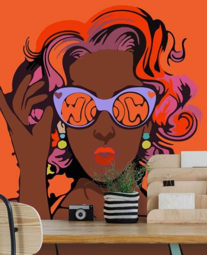 orange background, beautiful black lady with purple hair and sunglasses pop art wallpaper orange background, beautiful black lady with purple hair and sunglasses pop art wallpaper