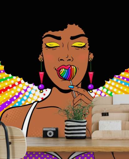 garota com pirulito em forma de coração de arco-íris chupando afro em papel de parede de fundo colorido de arco-íris garota com pirulito em forma de coração de arco-íris chupando afro em papel de parede de fundo colorido de arco-íris