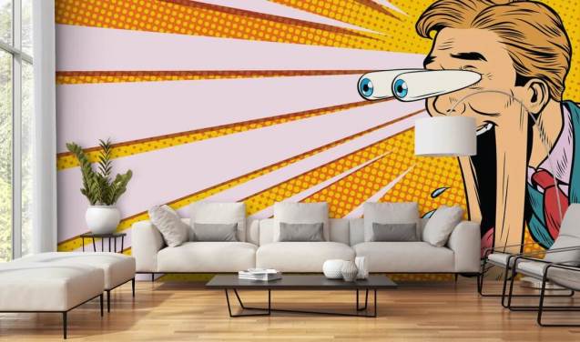 Pop-Art-Tapete mit sinkendem Kinn und aus dem Kopf springenden Augen sabbert