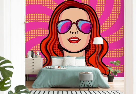 red haired girl wearing sunglasses pop art wallpaper