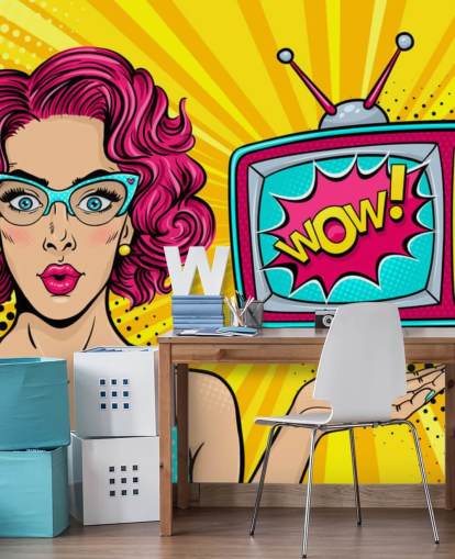 pink hår retro kvinde iført briller med tv siger wow på skærmen vægmaleri pink hår retro kvinde iført briller med tv siger wow på skærmen vægmaleri