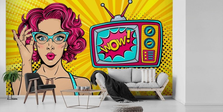 mujer retro de pelo rosa con gafas y tv diciendo wow en el mural de la pared de la pantalla