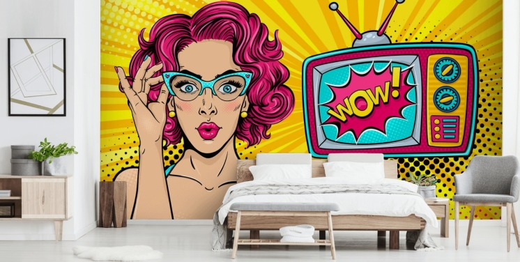 pink haired retro woman wearing glasses with tv saying wow on the screen wall mural