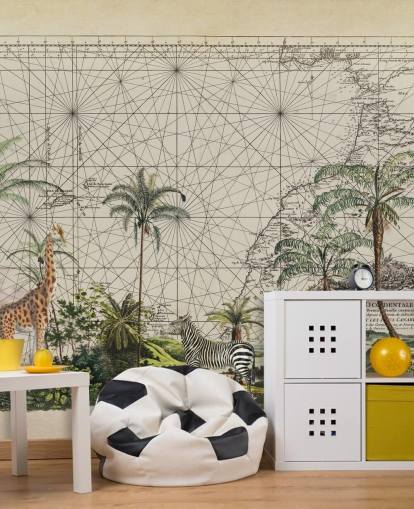 giraffe, zebra and tropical bird in western African jungle against a vintage map background wallpaper giraffe, zebra and tropical bird in western African jungle against a vintage map background wallpaper