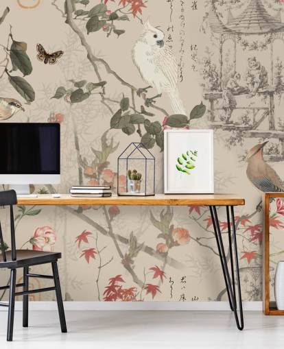 Chinoiserie-Tapete mit Vogel und Blumen Chinoiserie-Tapete mit Vogel und Blumen