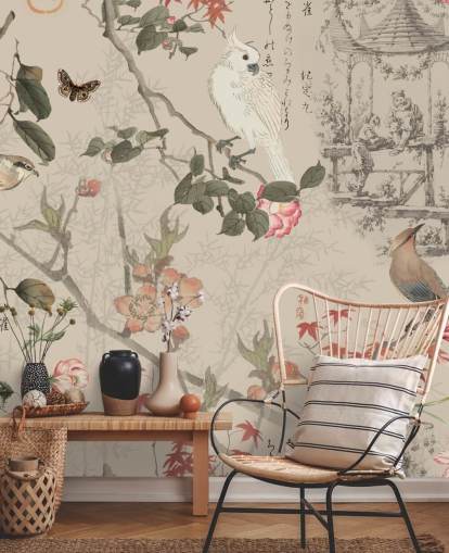 Chinoiserie-Tapete mit Vogel und Blumen Chinoiserie-Tapete mit Vogel und Blumen