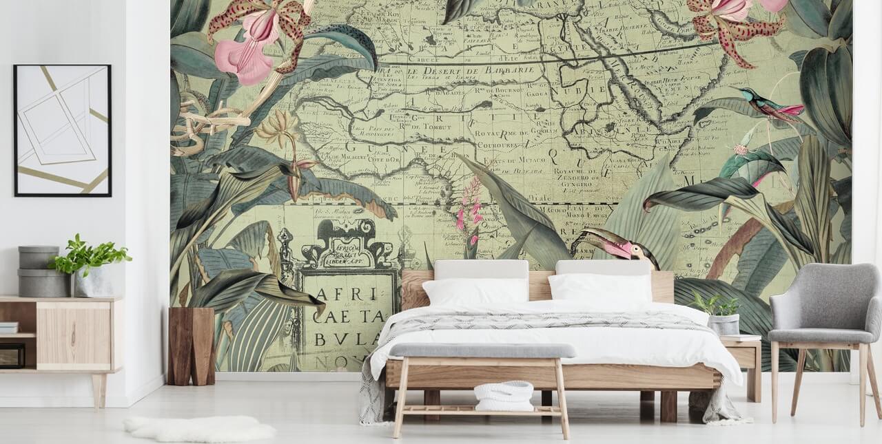 leafy jungle and floral wallpaper with vintage mag background