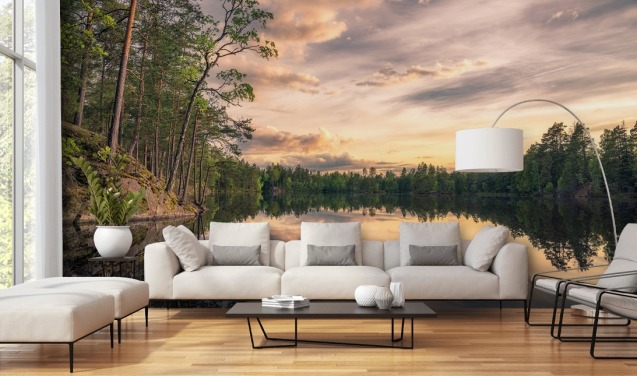 Mural de pared del lago tarmsjön, Suecia, con reflejos