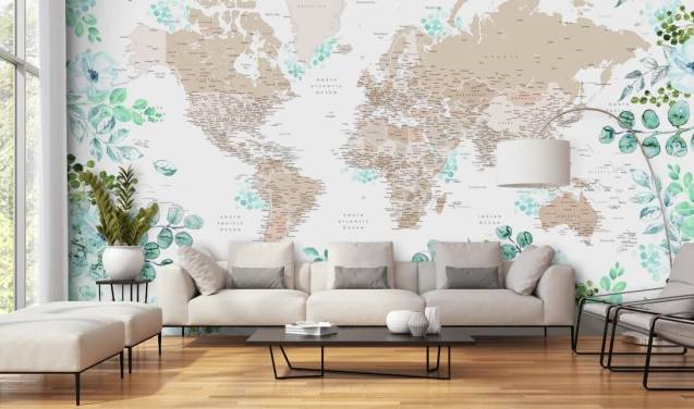 green and blue floral frame around world map wallpaper