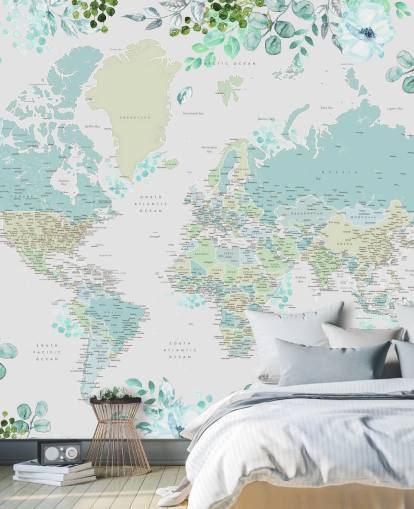 blue and green floral watercolour world map wallpaper blue and green floral watercolour world map wallpaper