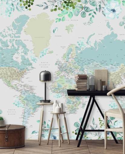 blue and green floral watercolour world map wallpaper blue and green floral watercolour world map wallpaper