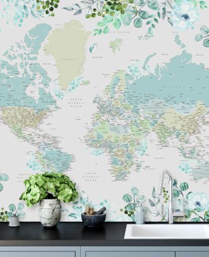 blue and green floral watercolour world map wallpaper blue and green floral watercolour world map wallpaper