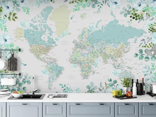 blue and green floral watercolour world map wallpaper
