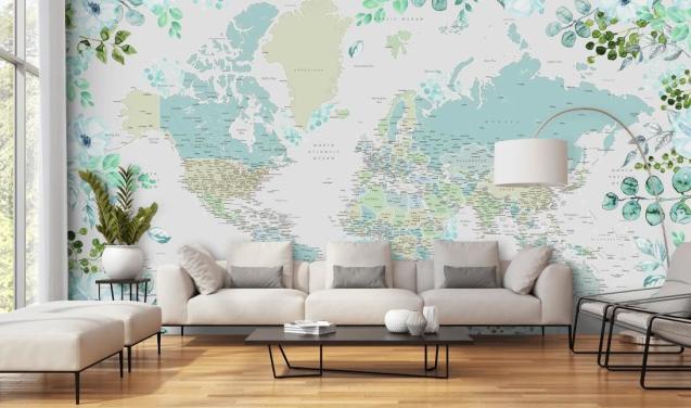 blue and green floral watercolour world map wallpaper