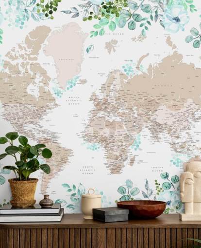 mapa-múndi bege e marrom cercado por papel de parede com moldura de vegetação mapa-múndi bege e marrom cercado por papel de parede com moldura de vegetação