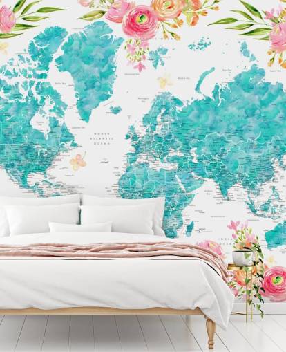illustrated pink flower border around teal world map wallpaper illustrated pink flower border around teal world map wallpaper