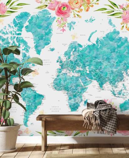illustrated pink flower border around teal world map wallpaper illustrated pink flower border around teal world map wallpaper