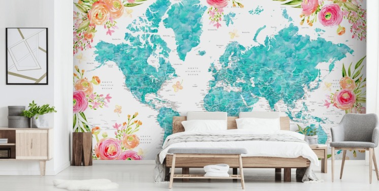 illustrated pink flower border around teal world map wallpaper