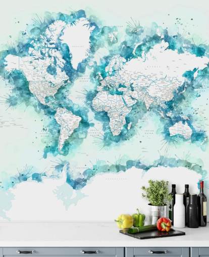 carta da parati con mappa del mondo dipinta ad acquerello verde acqua carta da parati con mappa del mondo dipinta ad acquerello verde acqua