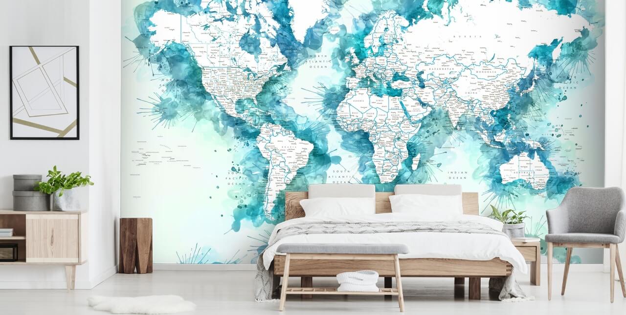 Wasserfarben bemalte blaugrüne Weltkarte-Tapete Wasserfarben bemalte blaugrüne Weltkarte-Tapete