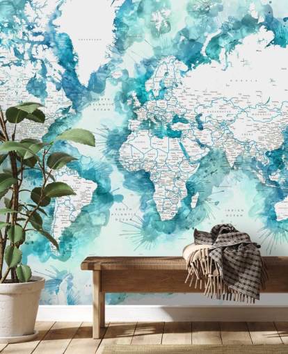 teal watercolour painted detailed world map wallpaper teal watercolour painted detailed world map wallpaper