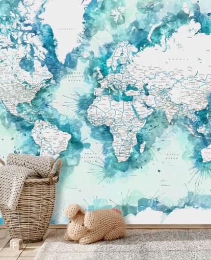 teal watercolour painted detailed world map wallpaper teal watercolour painted detailed world map wallpaper