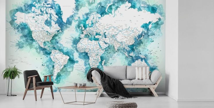 teal watercolour painted detailed world map wallpaper
