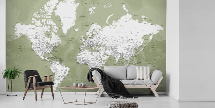 sage green and white watercolour world map wall mural